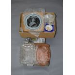 3 Boxes of assorted glass and ceramics including vanity sets, Royal memorabilia,