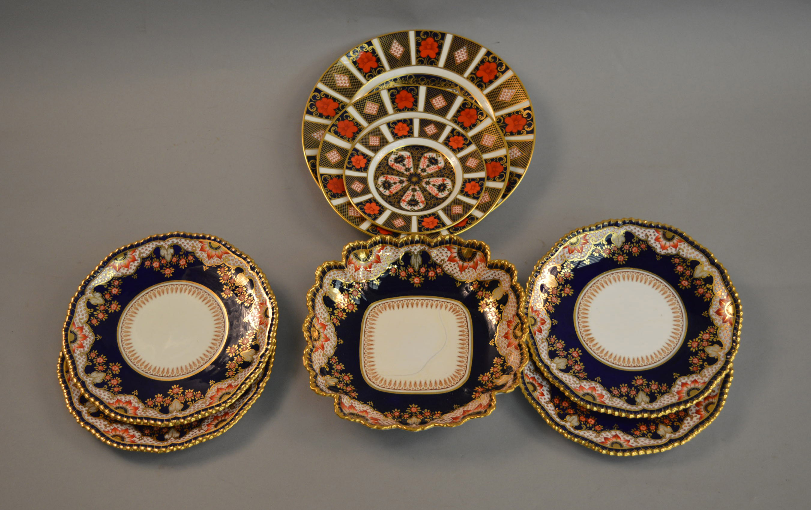 3 Royal Crown Derby 1128 Imari plates together with Copelands Spode 214 plates and dishes (some AF)