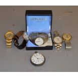 A collection of watches including a Rotary Havana wristwatch with box and a pocket watch marked