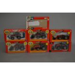 Seven Britains Massey Ferguson tractors with accessories: 9607 MF3680 with Crop Sprayer;