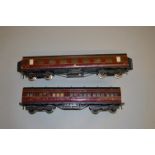 O gauge. Two Exley LMS coaches, '17555' and '2247'. P-F.