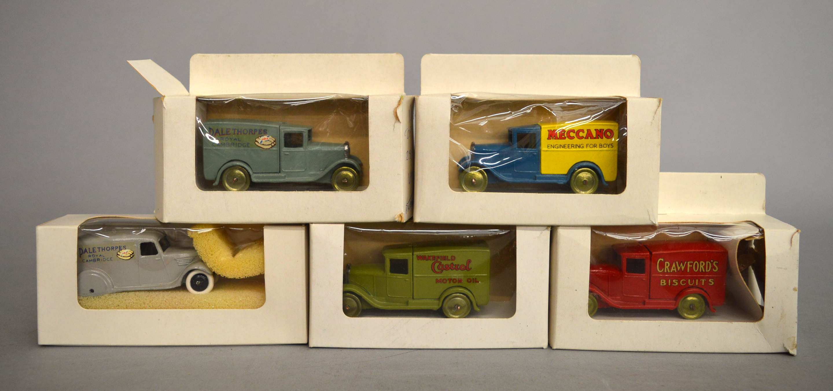 Five boxed Dinky Toys copy models of some of their vintage vans, probably by DG,