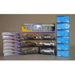 Quantity of slot cars and related accessories: six HPI Racing slot cars; Scalextric Silver Pit Crew;