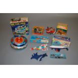 Five tinplate toys: Yoshiya King Flying Saucer; Kanto Toys Mechanical Star Fire P-81;