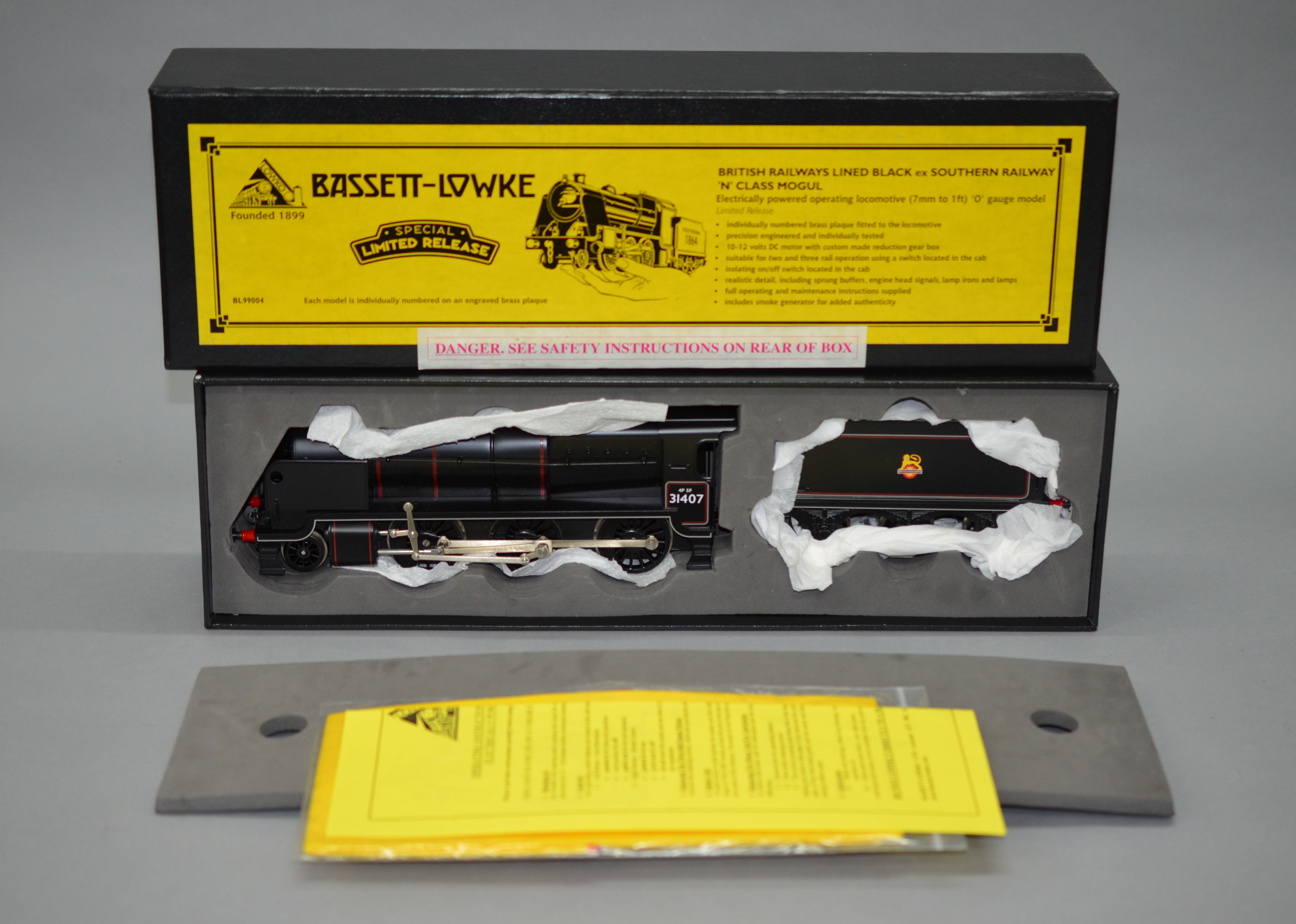 O gauge. Bassett-Lowke 2-6-0 BR black ex SR N Class Mogul. E, boxed.