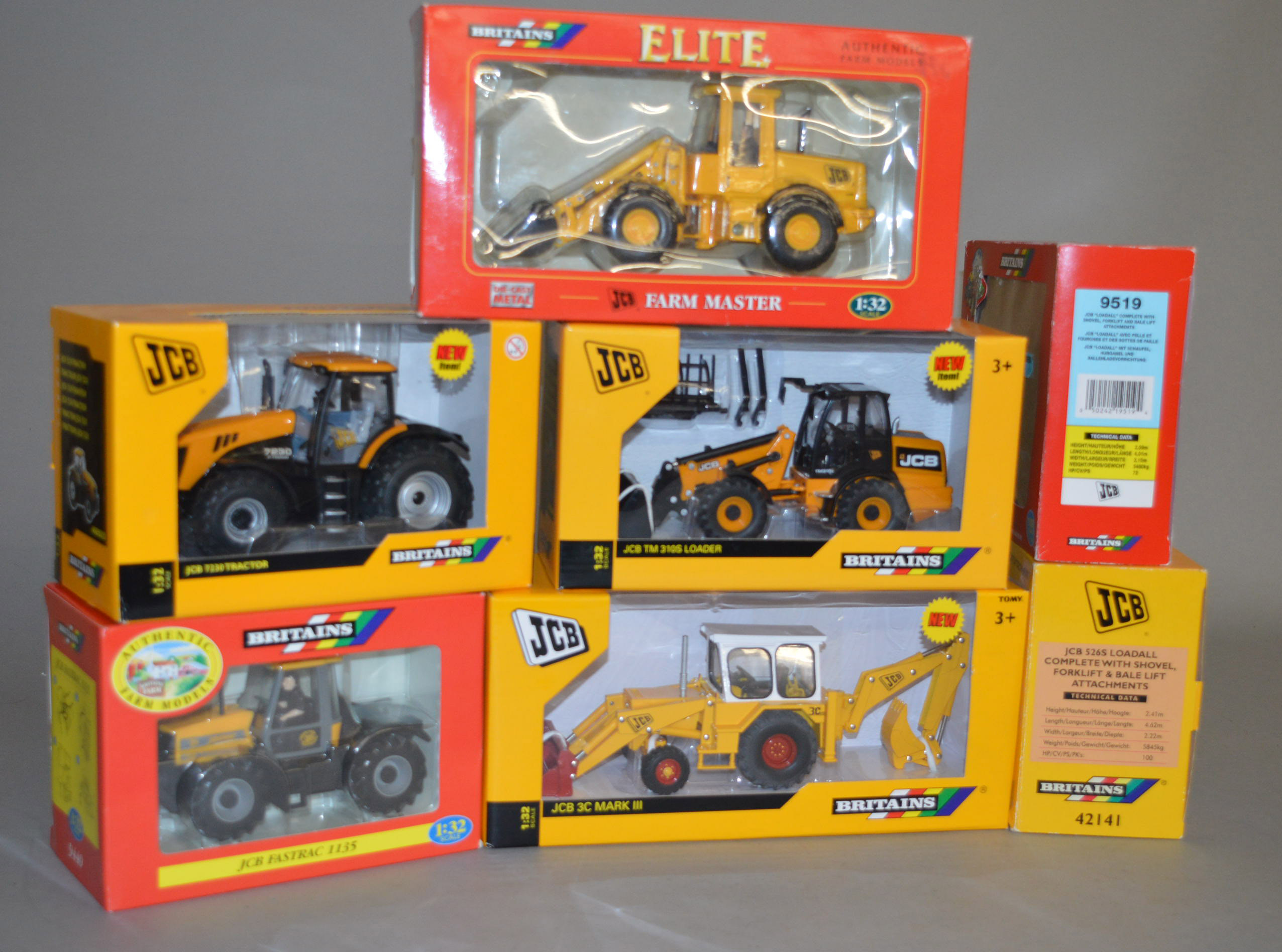 Seven Britains 1:32 scale diecst JCB models,