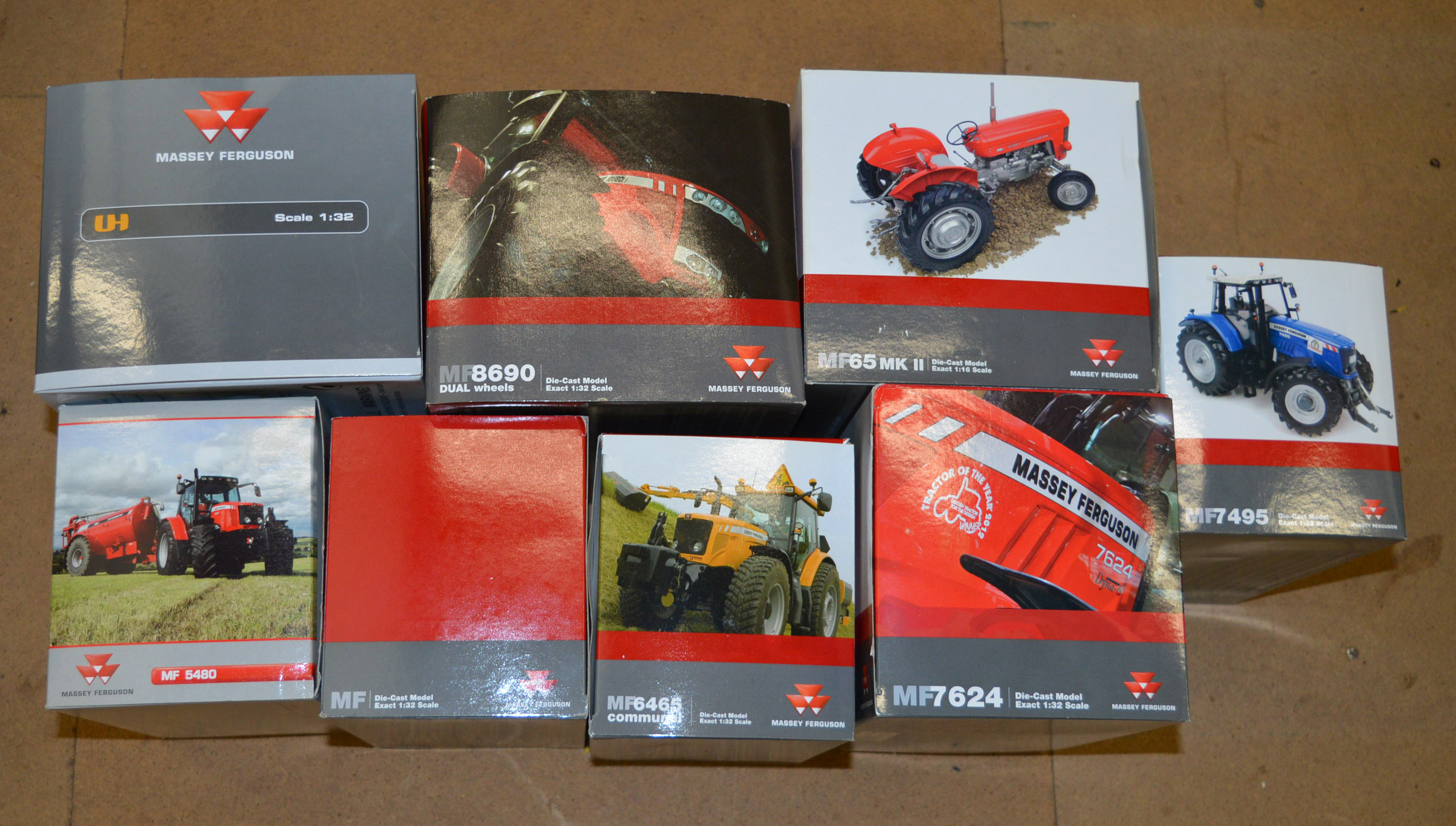 Eight boxed Universal Hobbies diecast model Massey Ferguson Tractors in 1:16 and 1:32 scale.