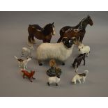 13 Beswick animal figures including sheep, horses, fish, hunting dogs, deer etc.