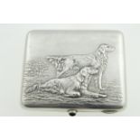 A Russian cigarette case with embossed 'gundog' decoration, with a stone set thumb piece,