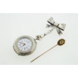 A ladies top-wind silver fob watch with suspensory bow brooch with a contemporary case with a