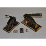 2 Victorian hand held presses together with 3 1930s metal die stamps.