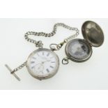 A Silver pocket watch A/F (service required) with a silver single Albert chain (dog-clip metal),