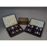 Two boxed sets of six silver teaspoons, approx gross weight 171gms, together with a H/M silver box,