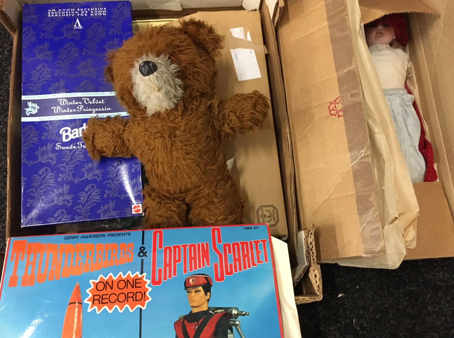 A box of collectors items inc toys and a Bisque doll [NO RESERVE]