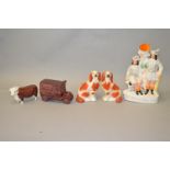 Quanity of ceramics: Flatback Robin Hood; a Wade van shaped money box; pair of Staffordshire dogs;