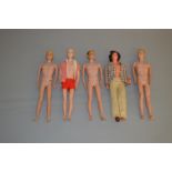 Five Mattel Barbie Ken dolls: two with flock hair,