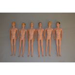 Six Mattel Barbie Ken dolls: two with painted hair, one blond, one brunette; two with flock hair,