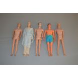 Five Mattel Barbie Ken dolls: one flock hair,