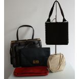 A collection of six vintage bags comprising of a 30s navy leather clutch,