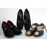 A trio of vintage 1940s ladies shoes including black and gold wedge sandals,