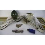 A quantity of various cutlery, a silver bracelet with amethyst coloured stones, two paperweights