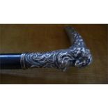 A silver plated Art Nouveau walking stick in the form of a ladies head