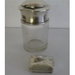 A hallmarked silver glass jar and a silver pill box