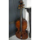 An Antique cello, circa 1760, school of Leopold Widhalm of Nurnberg with a nickel plated bow- damage