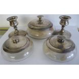 3 hallmarked silver powder pots and a pair of silver candlesticks (1 A/F)