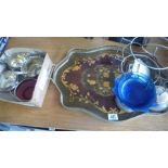 A Sorento inlaid tray and various silver plated items
