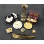 A hallmarked silver bud vase, oversized "pocket" watch, Stratton compact, compass, various watches