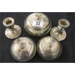 3 hallmarked silver powder pots and a pair of silver candlesticks (1 A/F)