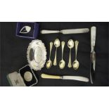 A silver pin tray, part set of coffee spoons, National Trust coin and a brooch etc. all hallmarked