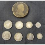 A John VI of Portugal 40 Reis coin, along with 2 sets of silver Victorian Maunday money- 1899 and