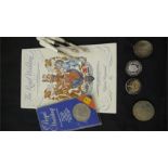 An Horatio Nelson £5 coin, 2 x Westminster Millennium coins etc.