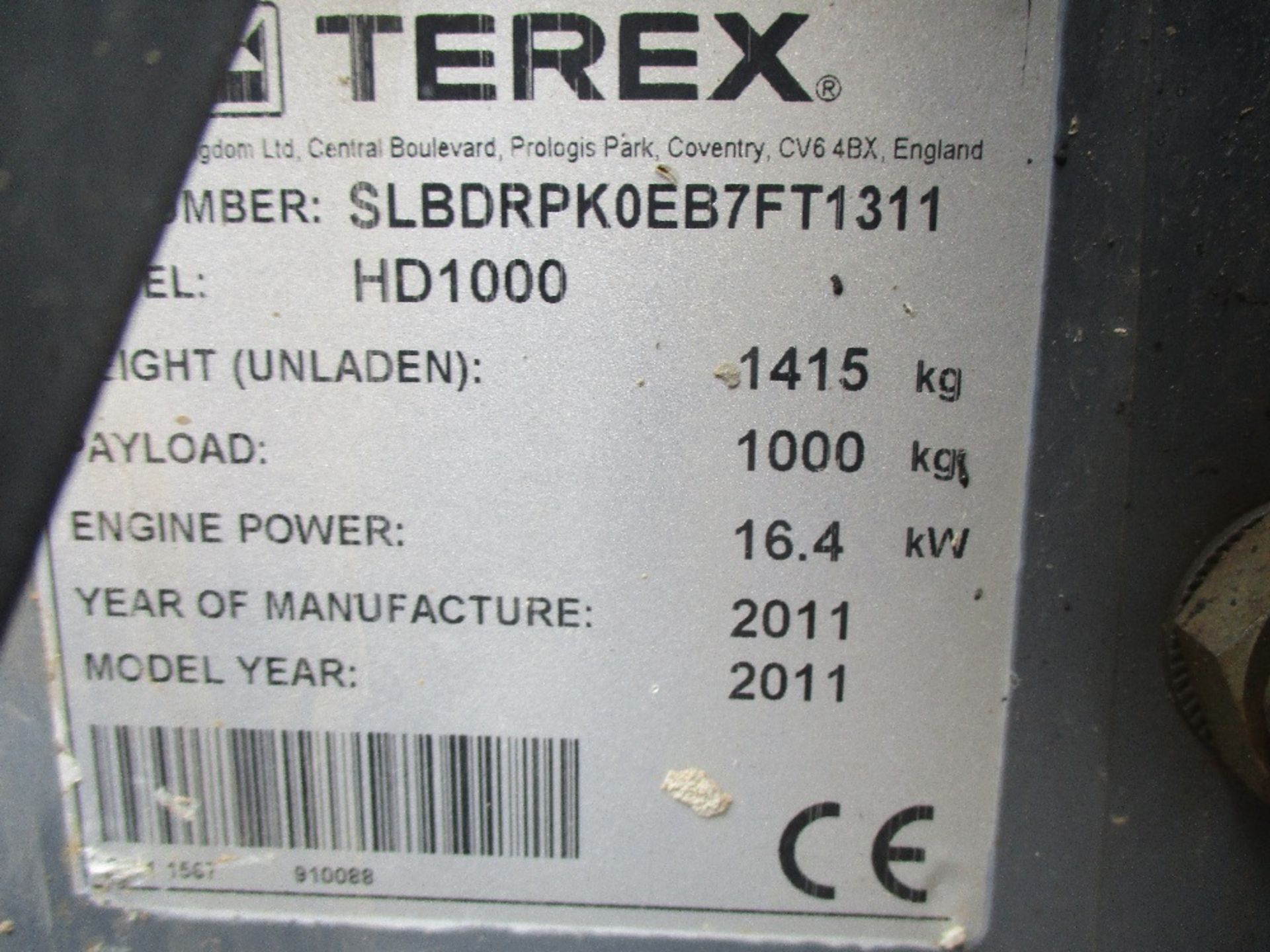TEREX HD1000 HIGH TIP DUMPER YEAR 2011 - Image 2 of 9