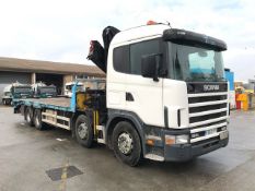 SCANIA R124L-420 8 wheel beavertail plant lorry with front mounted remote control crane