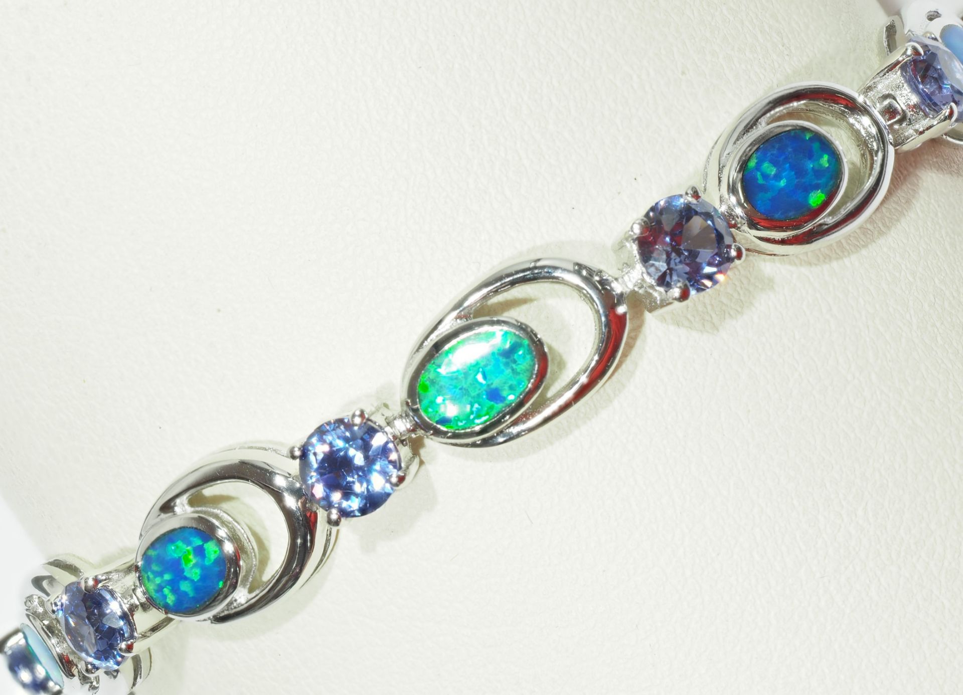 Sterling Silver Created Inlaid Opal and Blue Cubic Crystals w/ New Gift Box, Insurance Value $500
