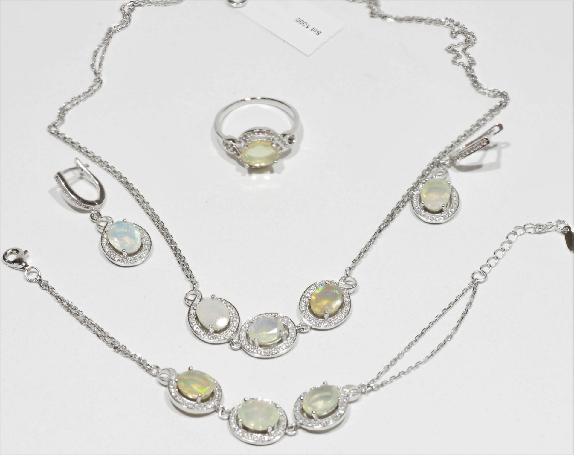 Sterling Silver Natural Opal (9.50ct) Custom Made Earrings, Ring, Bracelet and Necklace Set w/ New