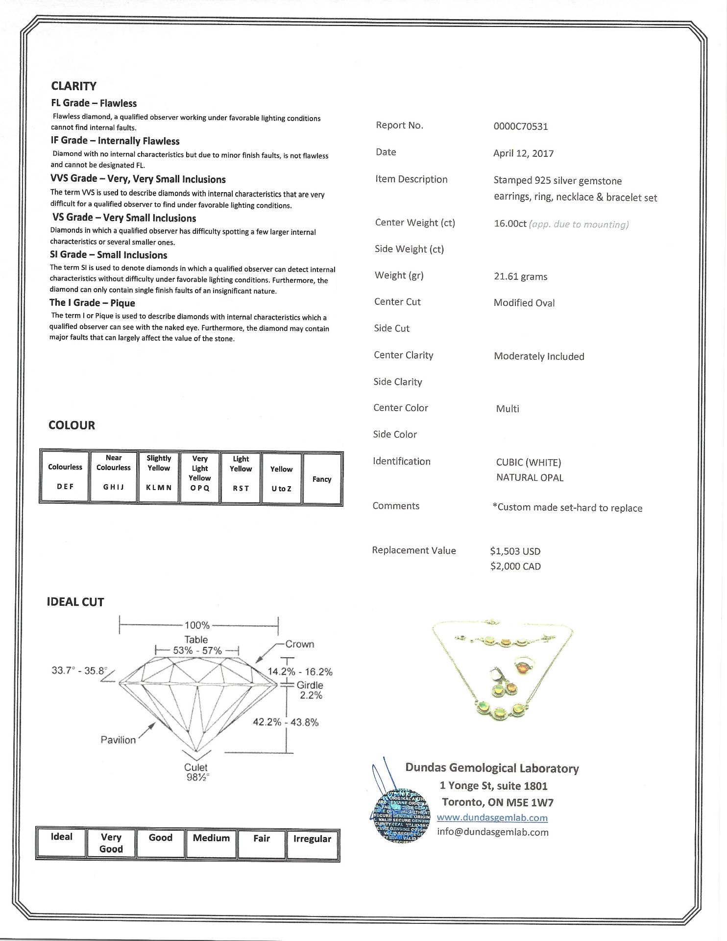 Sterling Silver Natural Opal (9.50ct) Custom Made Earrings, Ring, Bracelet and Necklace Set w/ New - Image 6 of 6