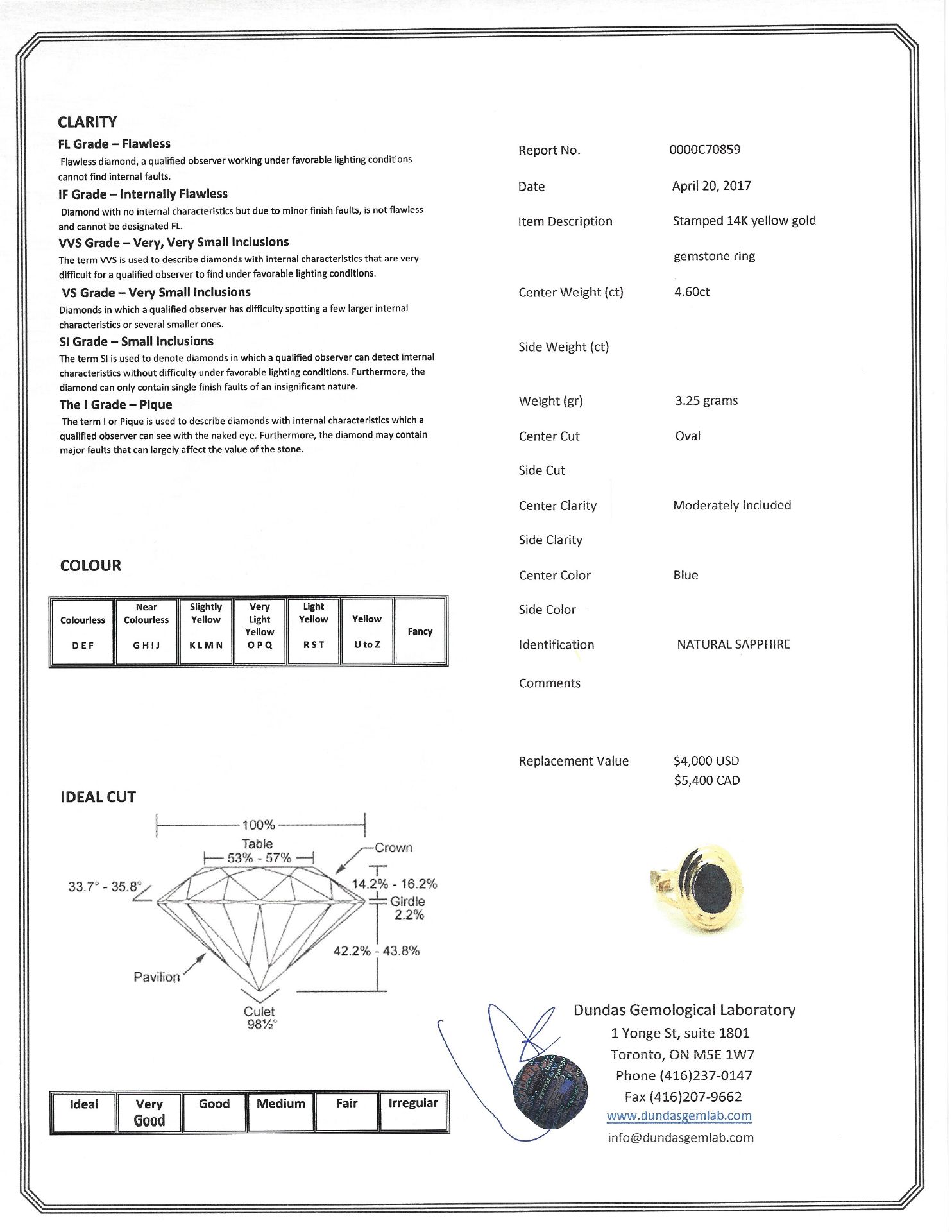 14K Yellow Gold Sapphire (4.60ct) Large Ring (Made in Canada) w/ New Gift Box, Insurance Value $5400 - Image 4 of 4