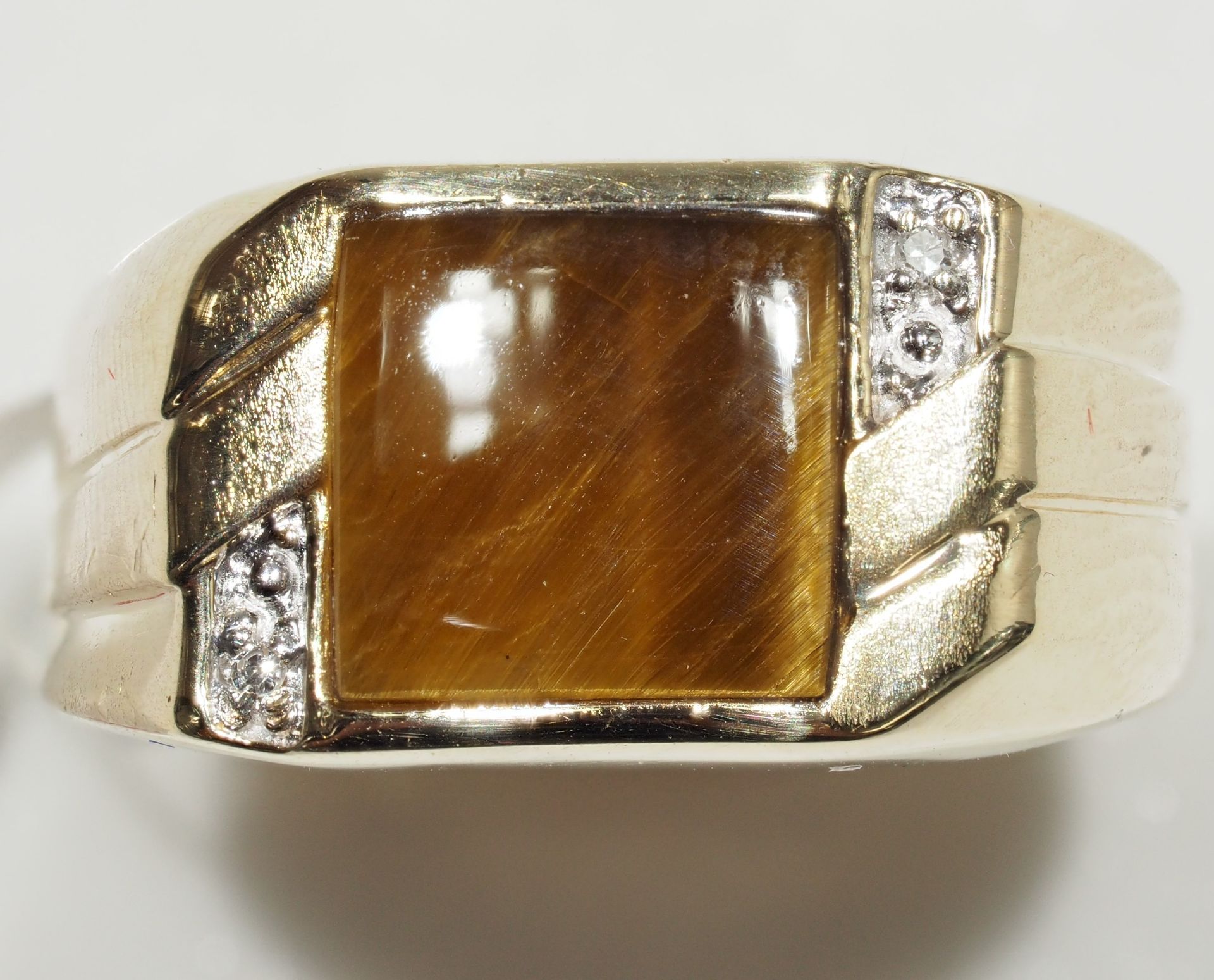 10K Yellow White Gold Tiger Eye Stone and 2 Diamond Ring w/ New Gift Box, Insurance Value $1225