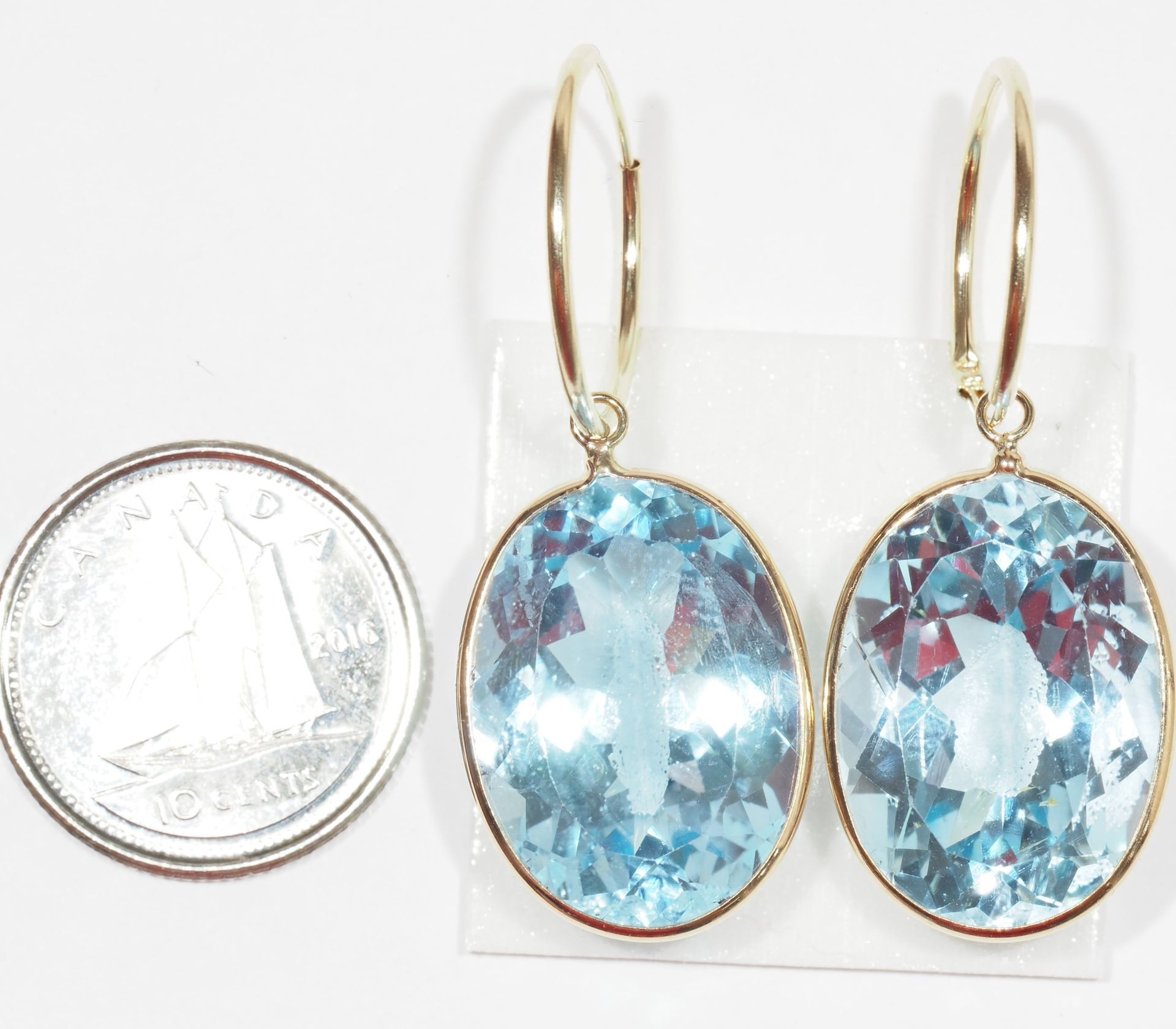 14K Yellow Gold Large Blue Topaz (31.0ct) Hoope Earrings w/ New Gift Box, Insurance Value $1600 - Image 2 of 3