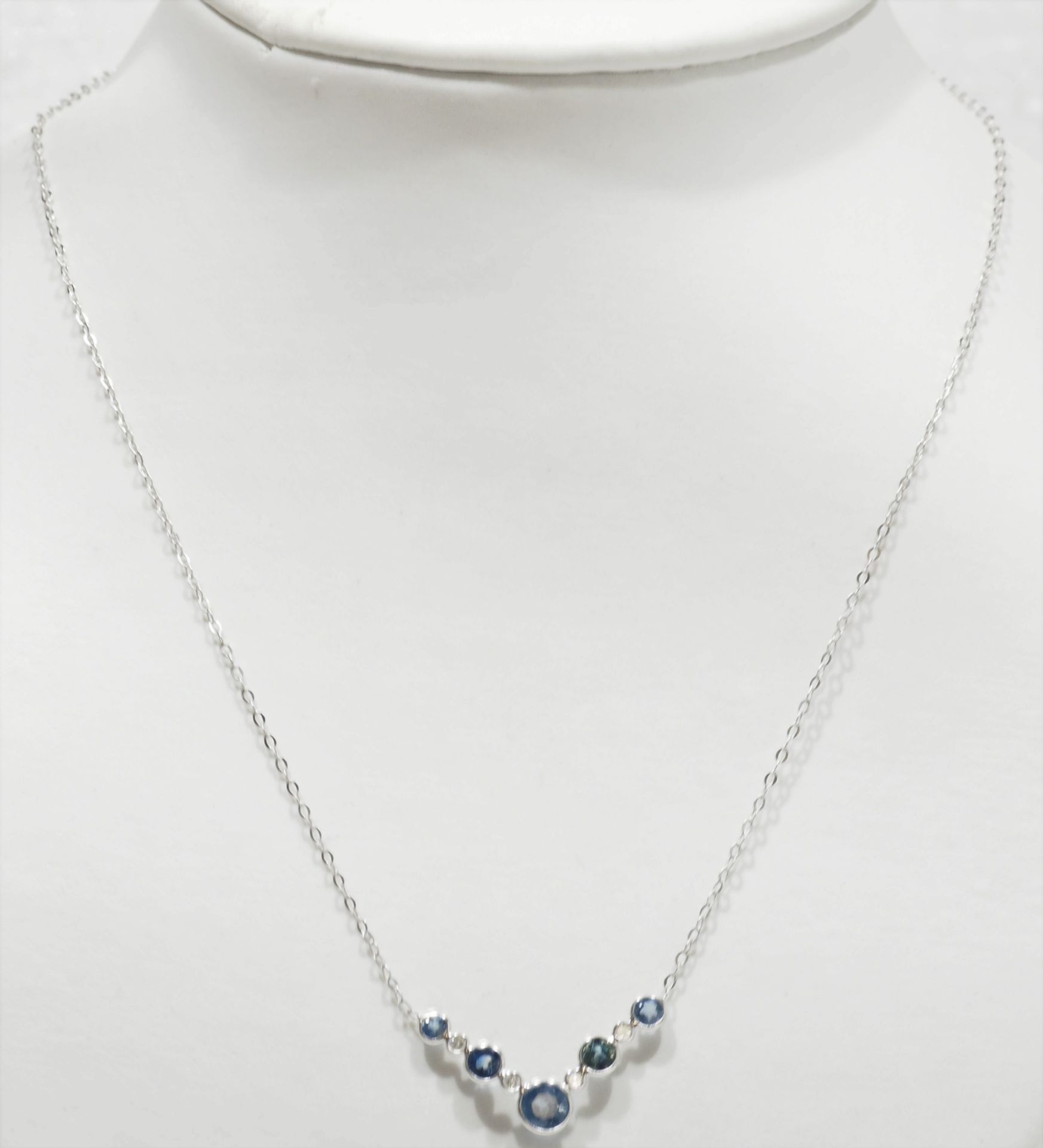 10K White Gold Sapphire (1.80ct) and Diamond (0.12ct) Necklace (Made In Canada) w/ New Gift Box, - Image 2 of 3