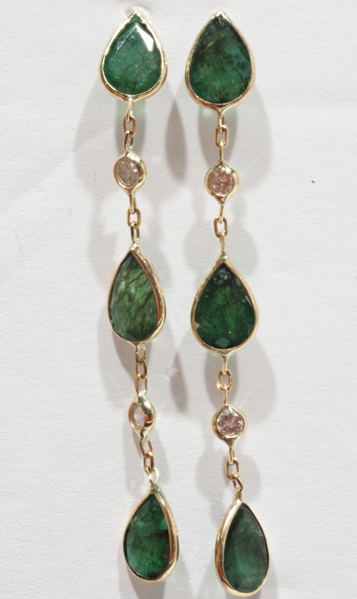 14K Yellow Gold Emerald (4.0ct) and Diamond (0.14ct) Journey Style Earrings w/ New Gift Box,