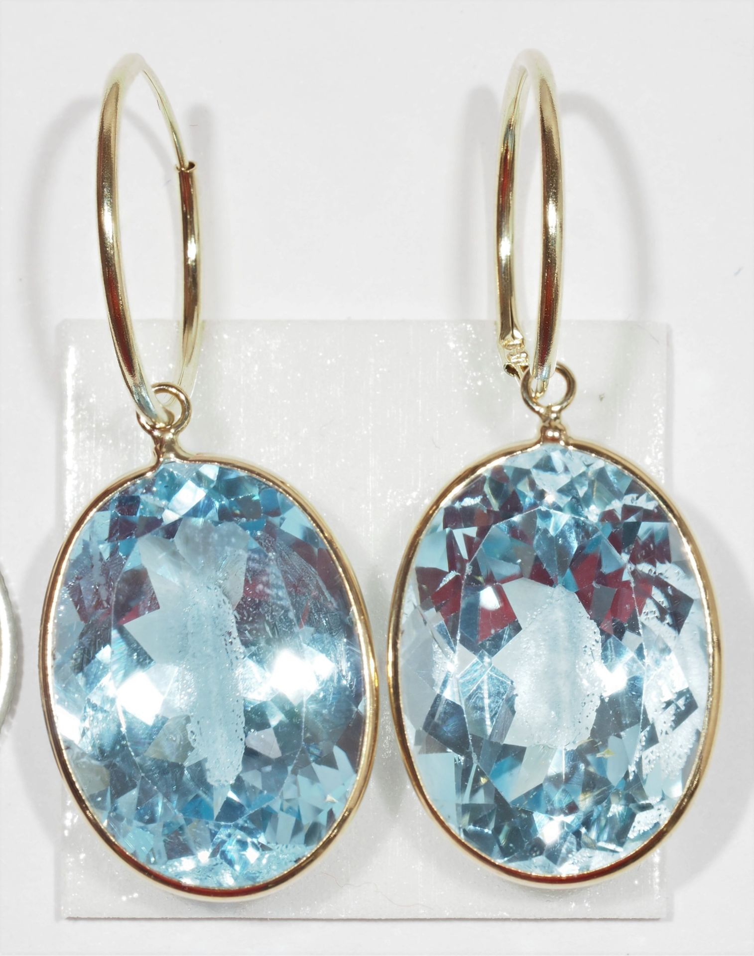 14K Yellow Gold Large Blue Topaz (31.0ct) Hoope Earrings w/ New Gift Box, Insurance Value $1600