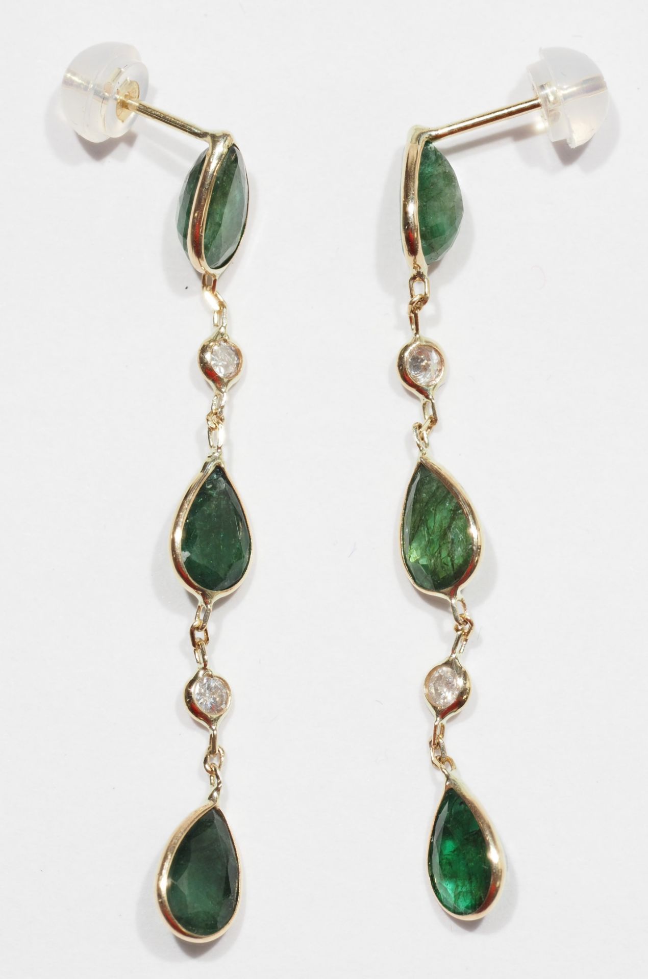 14K Yellow Gold Emerald (4.0ct) and Diamond (0.14ct) Journey Style Earrings w/ New Gift Box, - Image 2 of 3