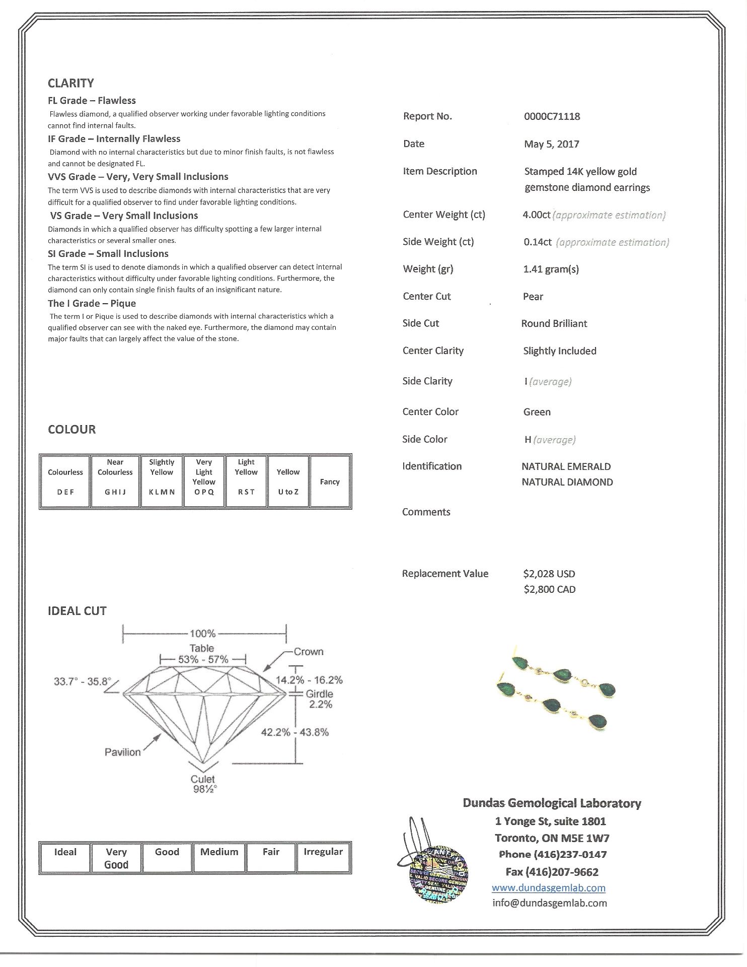 14K Yellow Gold Emerald (4.0ct) and Diamond (0.14ct) Journey Style Earrings w/ New Gift Box, - Image 3 of 3