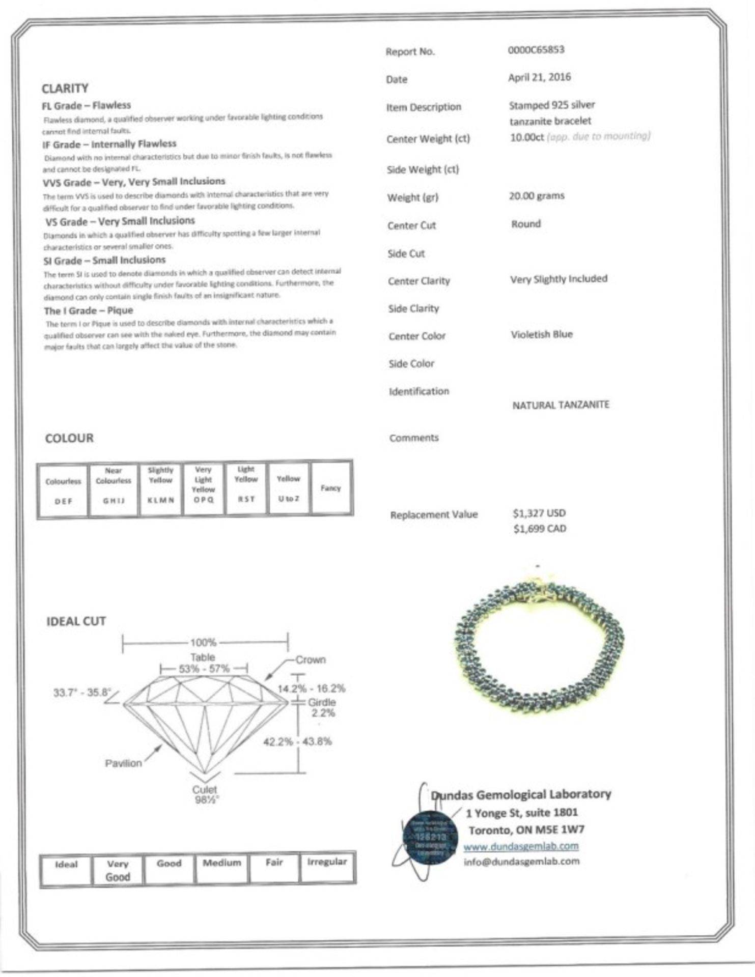 Sterling Silver Tanzanite(10.00ct) Tennis Bracelet Insurance Value $1699 - Image 4 of 4