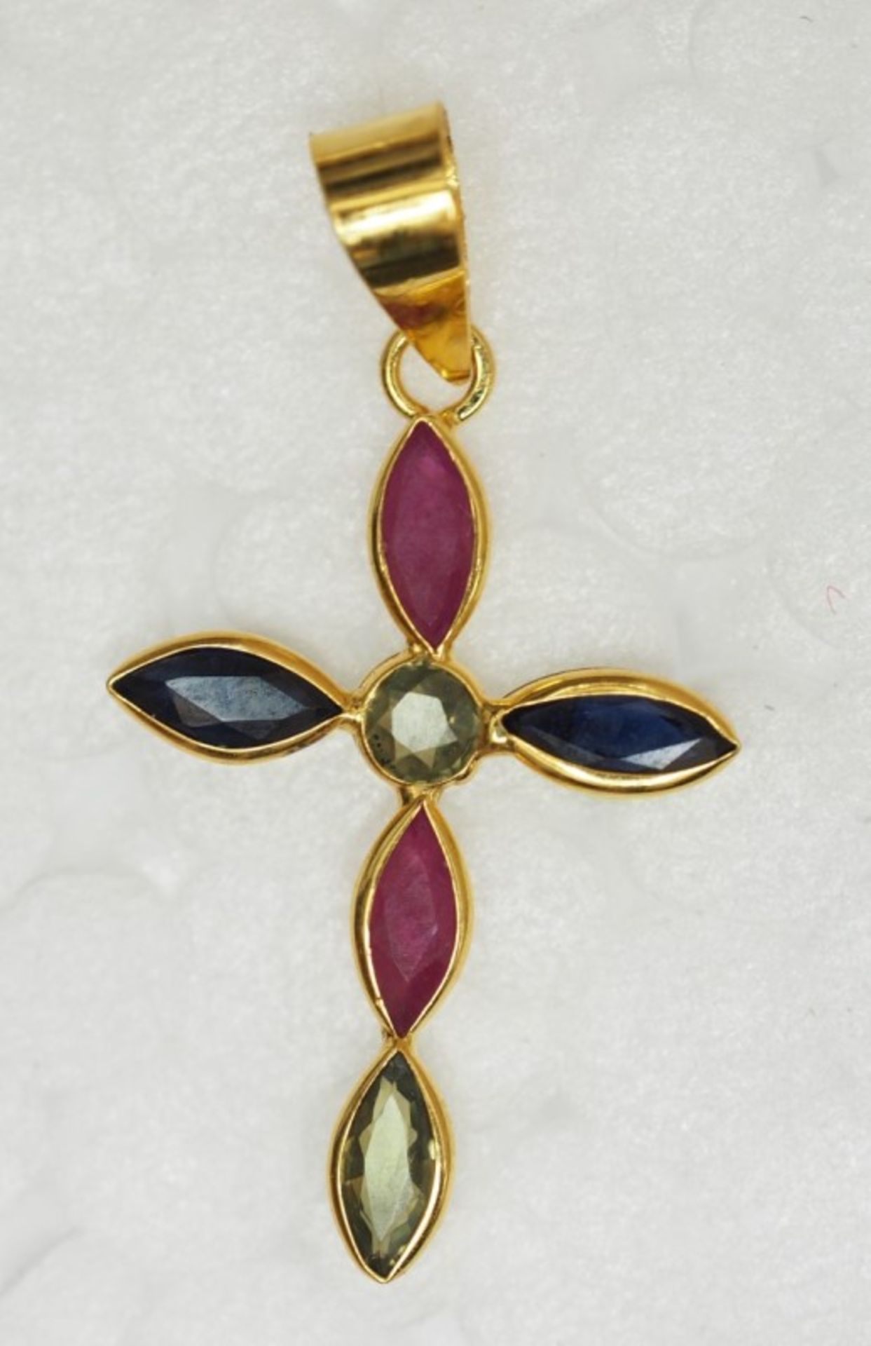 18kt Yellow Gold Sapphire & Ruby Cross Pendant Insurance Value $1209